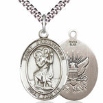 Men's Pewter Oval St. Christopher Navy Medal - 24&quot; 2.4mm Rhodium Plate Chain + Clasp