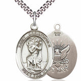 Men's Pewter Oval St. Christopher Navy Medal - 24&quot; 2.4mm Rhodium Plate Chain + Clasp