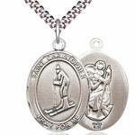 Men's Pewter Oval St. Christopher Skiing Medal - 24&quot; 2.4mm Rhodium Plate Chain + Clasp