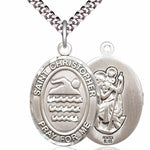 Men's Pewter Oval St. Christopher Swimming Medal - 24&quot; 2.4mm Rhodium Plate Chain + Clasp