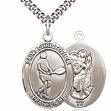 Men's Pewter Oval St. Christopher Tennis Medal - 24&quot; 2.4mm Rhodium Plate Chain + Clasp