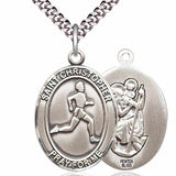 Men's Pewter Oval St. Christopher Track and Field Medal - 24&quot; 2.4mm Rhodium Plate Chain + Clasp