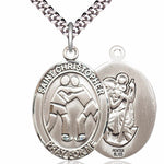Men's Pewter Oval St. Christopher Wrestling Medal - 24&quot; 2.4mm Rhodium Plate Chain + Clasp