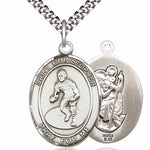 Men's Pewter Oval St. Christopher Wrestling Medal - 24&quot; 2.4mm Rhodium Plate Chain + Clasp