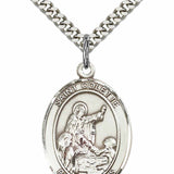 Men's Pewter Oval St. Colette Medal - 24&quot; 2.4mm Rhodium Plate Chain + Clasp