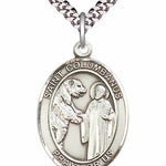 Men's Pewter Oval St. Columbanus Medal - 24&quot; 2.4mm Rhodium Plate Chain + Clasp