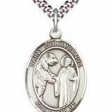 Men's Pewter Oval St. Columbanus Medal - 24&quot; 2.4mm Rhodium Plate Chain + Clasp