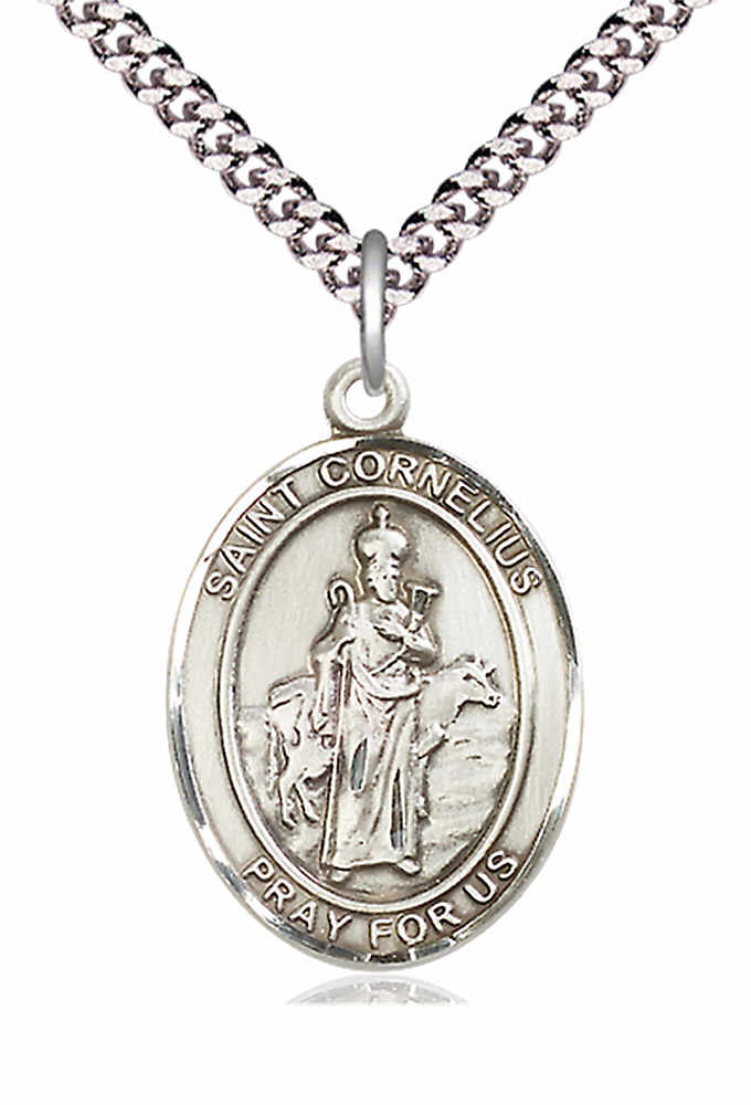 Men's Pewter Oval St. Cornelius Medal - 24&quot; 2.4mm Rhodium Plate Chain + Clasp
