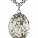 Men's Pewter Oval St. Dennis Medal - 24&quot; 2.4mm Rhodium Plate Chain + Clasp