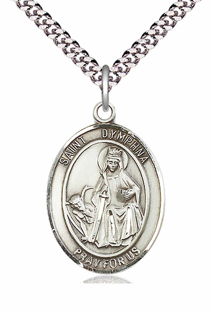 Men's Pewter Oval St. Dymphna Medal - 24&quot; 2.4mm Rhodium Plate Chain + Clasp