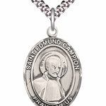 Men's Pewter Oval St. Edmund Campion Medal - 24&quot; 2.4mm Rhodium Plate Chain + Clasp