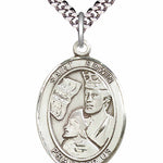 Men's Pewter Oval St. Edwin Medal - 24&quot; 2.4mm Rhodium Plate Chain + Clasp