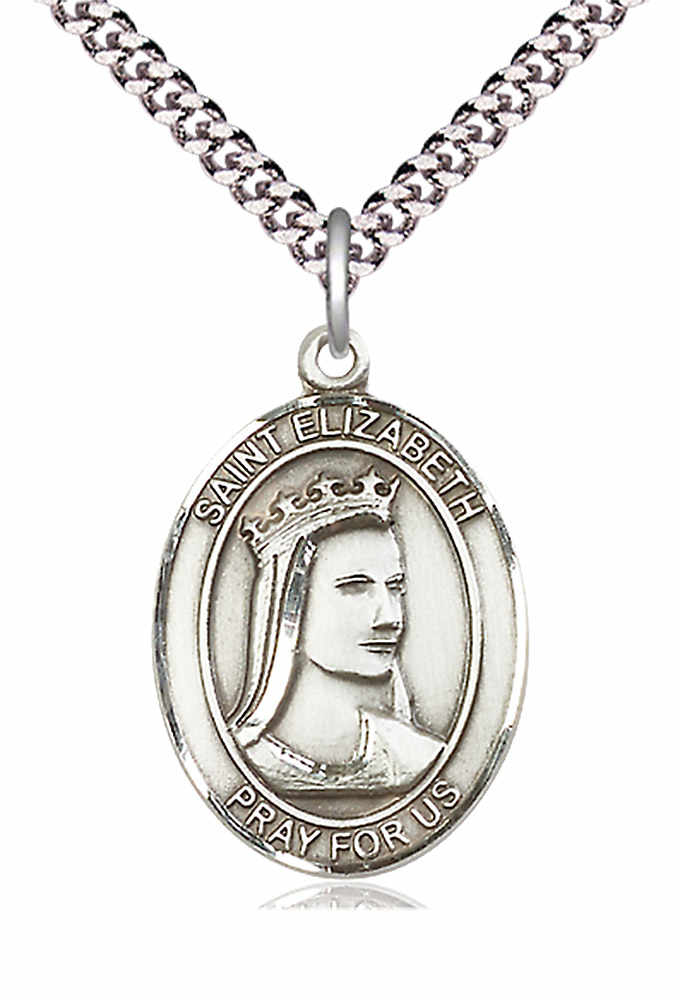 Men's Pewter Oval St. Elizabeth of Hungary Medal - 24&quot; 2.4mm Rhodium Plate Chain + Clasp