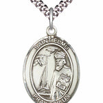 Men's Pewter Oval St. Elmo Medal - 24&quot; 2.4mm Rhodium Plate Chain + Clasp