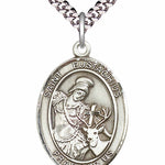 Men's Pewter Oval St. Eustachius Medal - 24&quot; 2.4mm Rhodium Plate Chain + Clasp