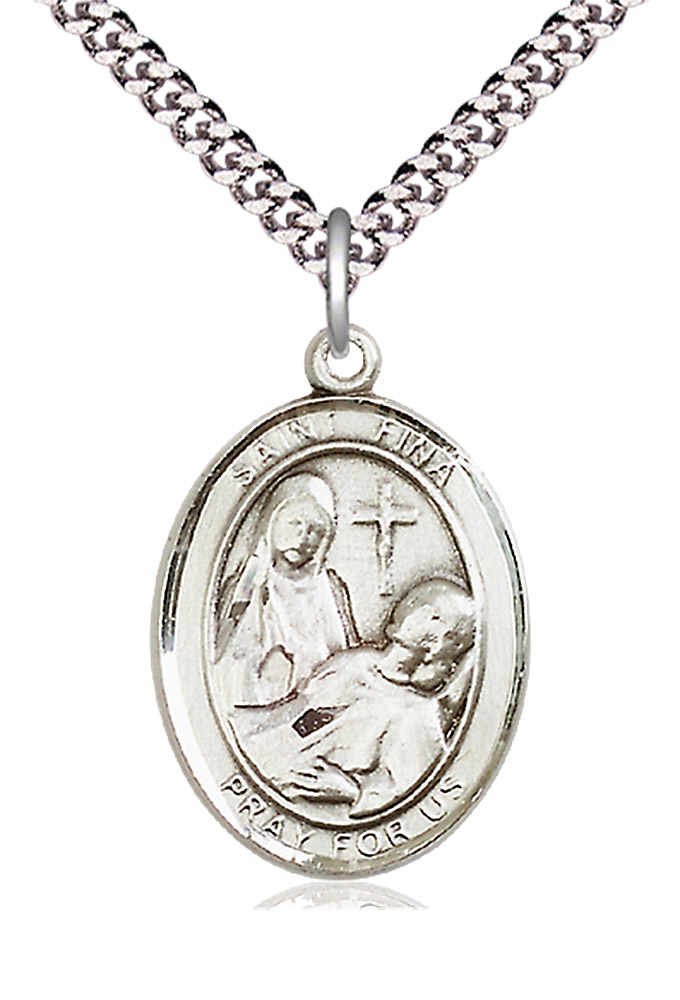Men's Pewter Oval St. Fina Medal - 24&quot; 2.4mm Rhodium Plate Chain + Clasp