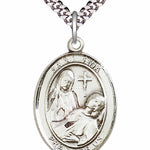 Men's Pewter Oval St. Fina Medal - 24&quot; 2.4mm Rhodium Plate Chain + Clasp