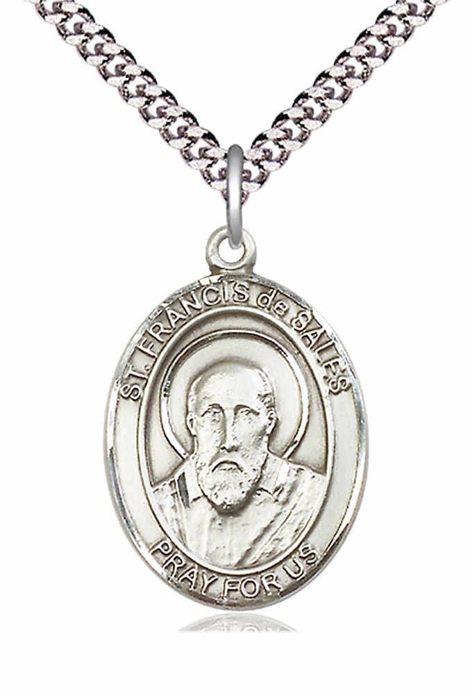 Men's Pewter Oval St. Francis De Sales Medal - 24&quot; 2.4mm Rhodium Plate Chain + Clasp