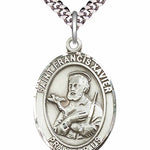 Men's Pewter Oval St. Francis Xavier Medal - 24&quot; 2.4mm Rhodium Plate Chain + Clasp