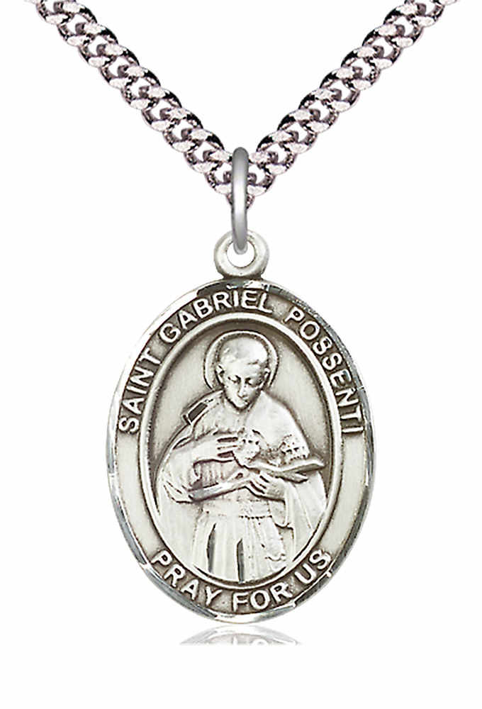 Men's Pewter Oval St. Gabriel Possenti Medal - 24&quot; 2.4mm Rhodium Plate Chain + Clasp