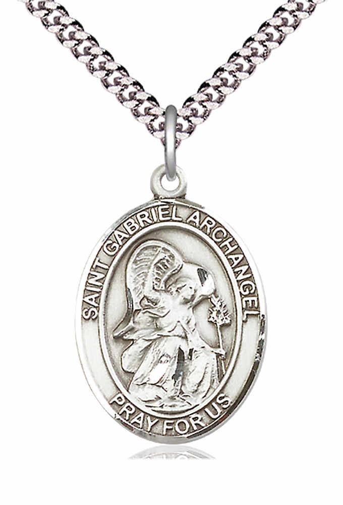 Men's Pewter Oval St. Gabriel the Archangel Medal - 24&quot; 2.4mm Rhodium Plate Chain + Clasp