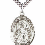 Men's Pewter Oval St. Gabriel the Archangel Medal - 24&quot; 2.4mm Rhodium Plate Chain + Clasp