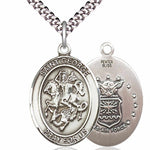 Men's Pewter Oval St. George Air Force Medal - 24&quot; 2.4mm Rhodium Plate Chain + Clasp