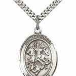 Men's Pewter Oval St. George Medal - 24&quot; 2.4mm Rhodium Plate Chain + Clasp