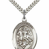 Men's Pewter Oval St. George Medal - 24&quot; 2.4mm Rhodium Plate Chain + Clasp