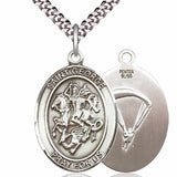 Men's Pewter Oval St. George Paratrooper Medal - 24&quot; 2.4mm Rhodium Plate Chain + Clasp
