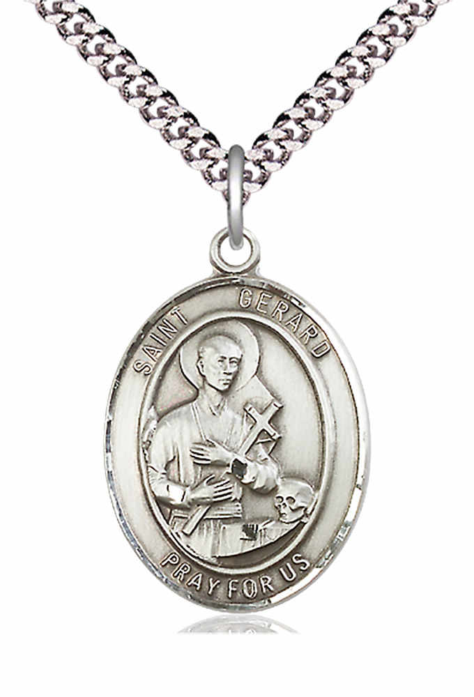 Men's Pewter Oval St. Gerard Majella Medal - 24&quot; 2.4mm Rhodium Plate Chain + Clasp