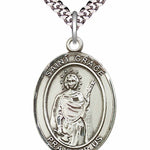 Men's Pewter Oval St. Grace Medal - 24&quot; 2.4mm Rhodium Plate Chain + Clasp