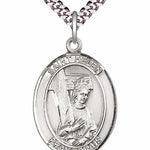 Men's Pewter Oval St. Helen Medal - 24&quot; 2.4mm Rhodium Plate Chain + Clasp