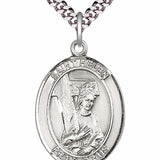 Men's Pewter Oval St. Helen Medal - 24&quot; 2.4mm Rhodium Plate Chain + Clasp