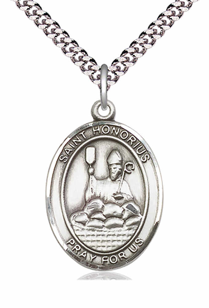 Men's Pewter Oval St. Honorius Medal - 24&quot; 2.4mm Rhodium Plate Chain + Clasp