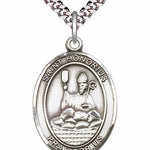 Men's Pewter Oval St. Honorius Medal - 24&quot; 2.4mm Rhodium Plate Chain + Clasp