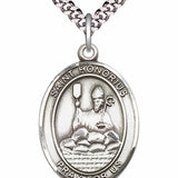 Men's Pewter Oval St. Honorius Medal - 24&quot; 2.4mm Rhodium Plate Chain + Clasp