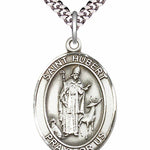 Men's Pewter Oval St. Hubert of Liege Medal - 24&quot; 2.4mm Rhodium Plate Chain + Clasp