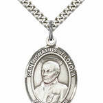 Men's Pewter Oval St. Ignatius of Loyola Medal - 24&quot; 2.4mm Rhodium Plate Chain + Clasp
