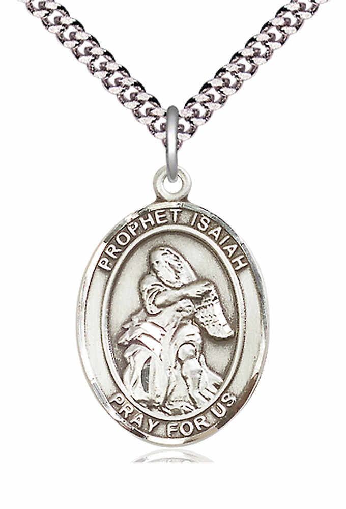 Men's Pewter Oval St. Isaiah Medal - 24&quot; 2.4mm Rhodium Plate Chain + Clasp