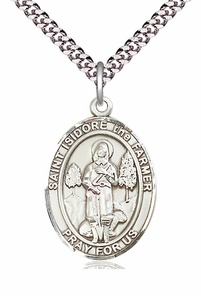 Men's Pewter Oval St. Isidore the Farmer Medal - 24&quot; 2.4mm Rhodium Plate Chain + Clasp