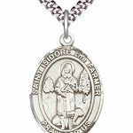 Men's Pewter Oval St. Isidore the Farmer Medal - 24&quot; 2.4mm Rhodium Plate Chain + Clasp