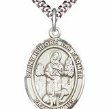 Men's Pewter Oval St. Isidore the Farmer Medal - 24&quot; 2.4mm Rhodium Plate Chain + Clasp
