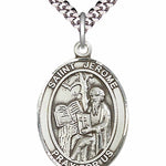 Men's Pewter Oval St. Jerome Medal - 24&quot; 2.4mm Rhodium Plate Chain + Clasp