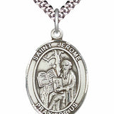 Men's Pewter Oval St. Jerome Medal - 24&quot; 2.4mm Rhodium Plate Chain + Clasp