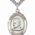 Men's Pewter Oval St. John Bosco Medal - 24&quot; 2.4mm Rhodium Plate Chain + Clasp