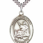 Men's Pewter Oval St. John Licci Medal - 24&quot; 2.4mm Rhodium Plate Chain + Clasp