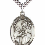 Men's Pewter Oval St. John of God Medal - 24&quot; 2.4mm Rhodium Plate Chain + Clasp