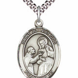 Men's Pewter Oval St. John of God Medal - 24&quot; 2.4mm Rhodium Plate Chain + Clasp
