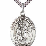 Men's Pewter Oval St. John the Baptist Medal - 24&quot; 2.4mm Rhodium Plate Chain + Clasp